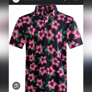 USAG U Suck At Golf Mens Small‎ Polo Short Sleeve Pink Hibiscus On Blue